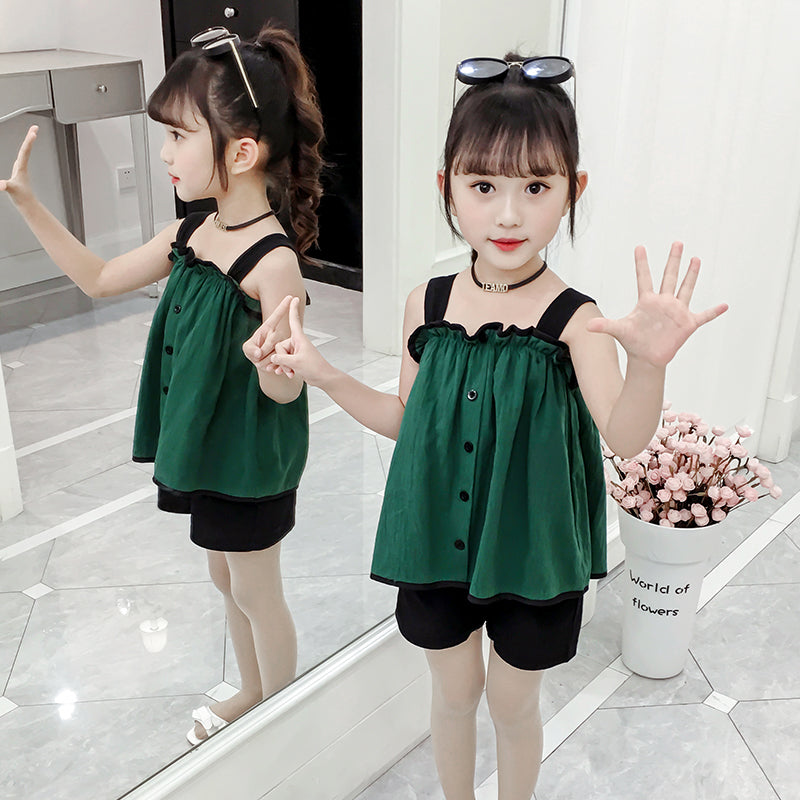 Girls Shoulder Straps Sleeveless Top With Shorts