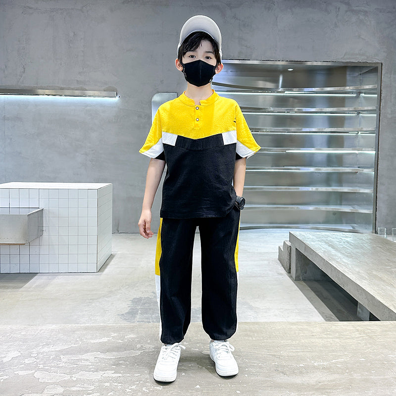 Boys Colourblocked Mandarin Collar Pure Cotton T-shirt & Trousers