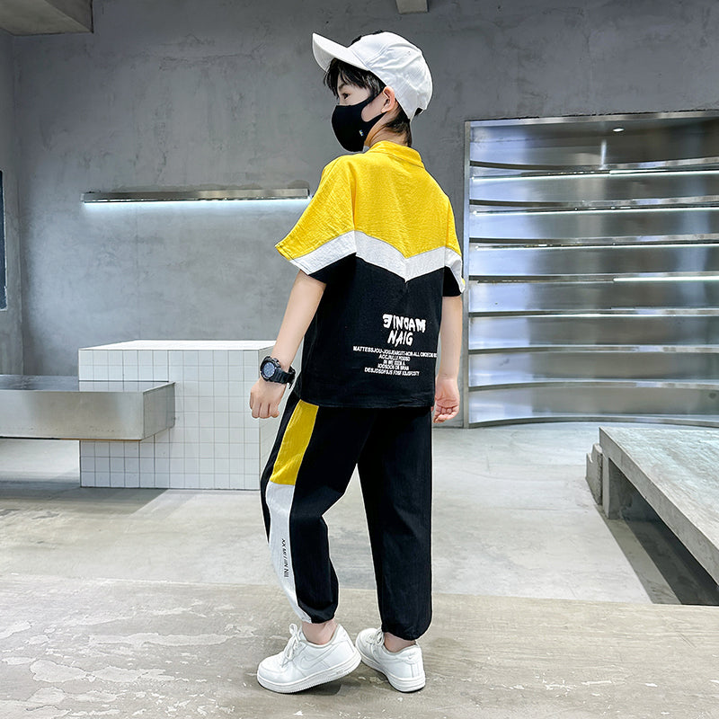 Boys Colourblocked Mandarin Collar Pure Cotton T-shirt & Trousers