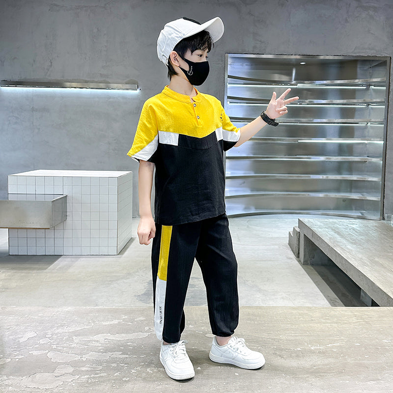 Boys Colourblocked Mandarin Collar Pure Cotton T-shirt & Trousers