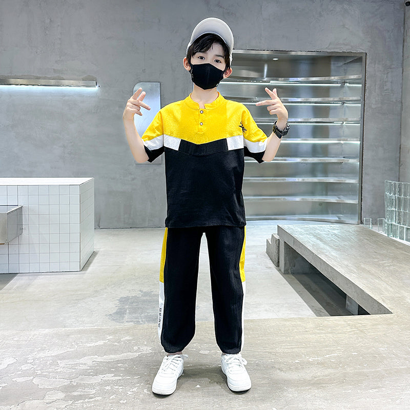 Boys Colourblocked Mandarin Collar Pure Cotton T-shirt & Trousers