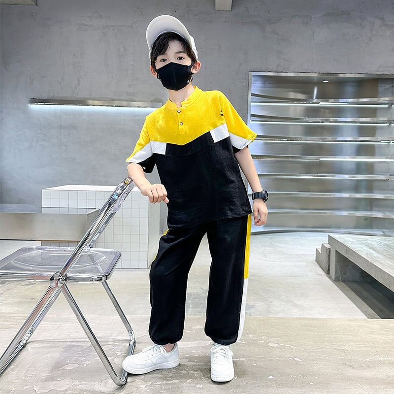 Boys Colourblocked Mandarin Collar Pure Cotton T-shirt & Trousers