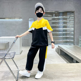 Boys Colourblocked Mandarin Collar Pure Cotton T-shirt & Trousers