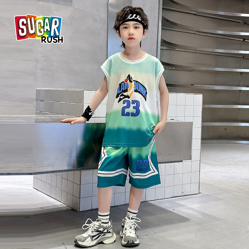 Boys Printed Round Neck Sleeveless T-shirt With Shorts