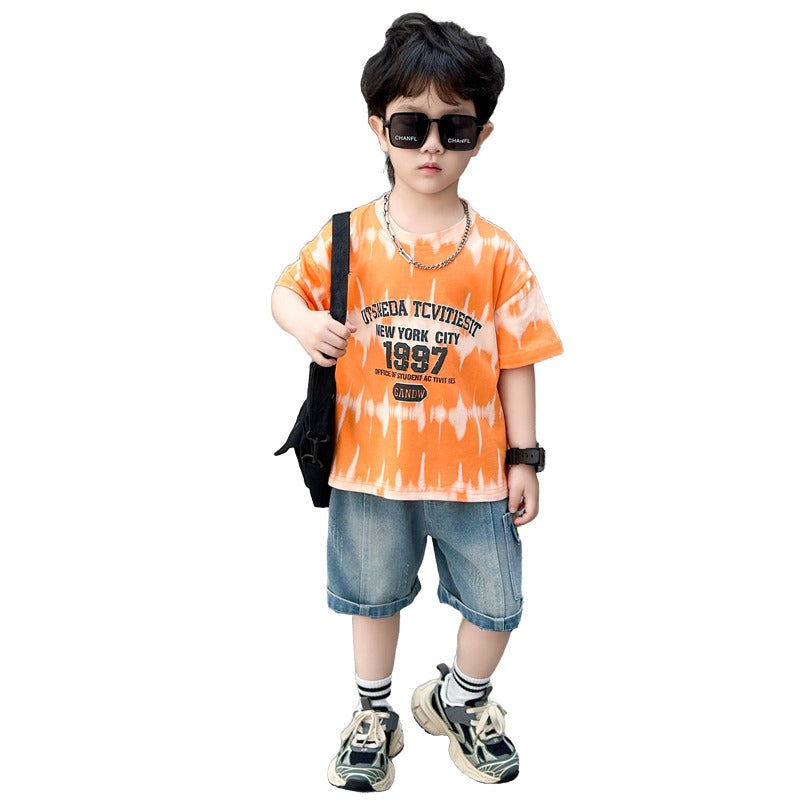 Boys Orange & Blue Printed T-shirt with Shorts
