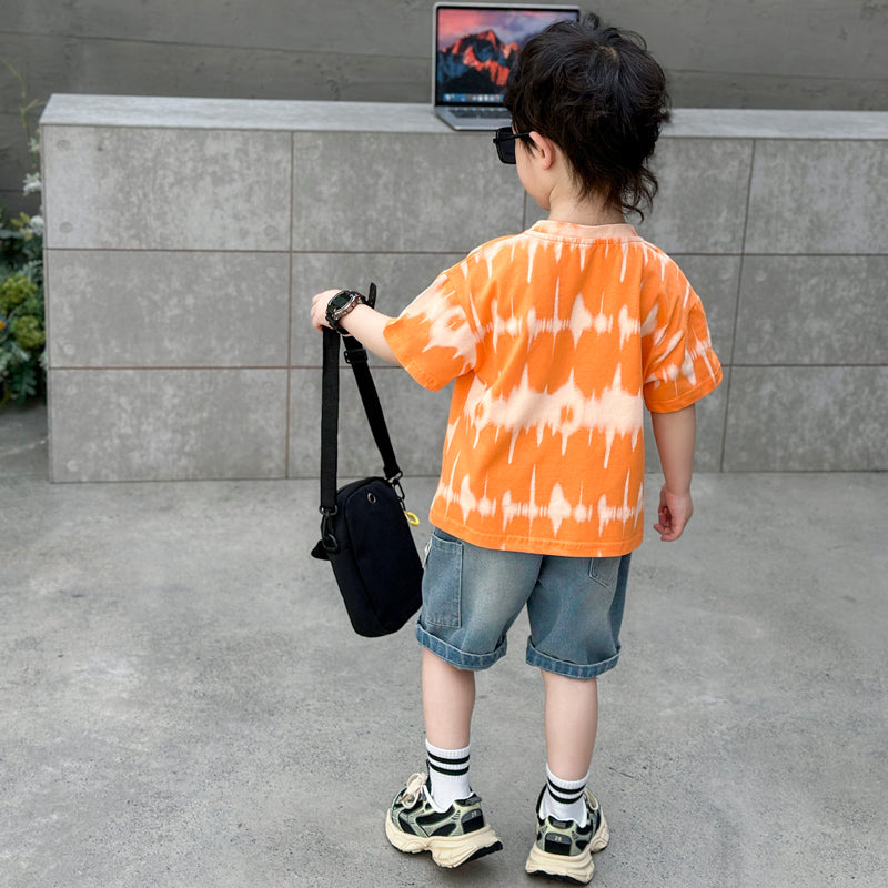 Boys Orange & Blue Printed T-shirt with Shorts