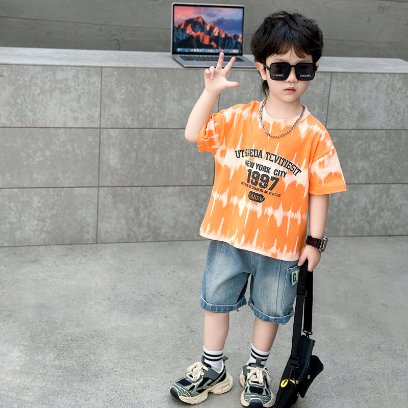 Boys Orange & Blue Printed T-shirt with Shorts