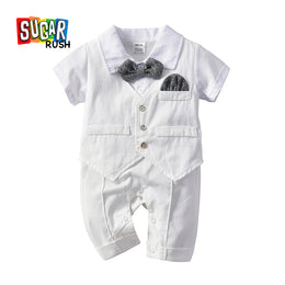 White Infant Boys Shirt Collar Short Sleeves Pure Cotton Rompers