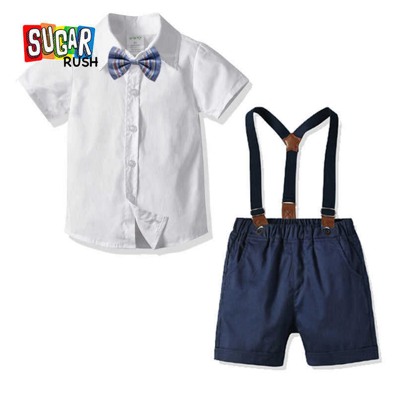 Boys Shirt Collar Shirt with Shorts And Suspenders