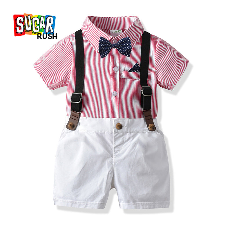 Boys Pink Striped Shirt with Shorts And Suspenders