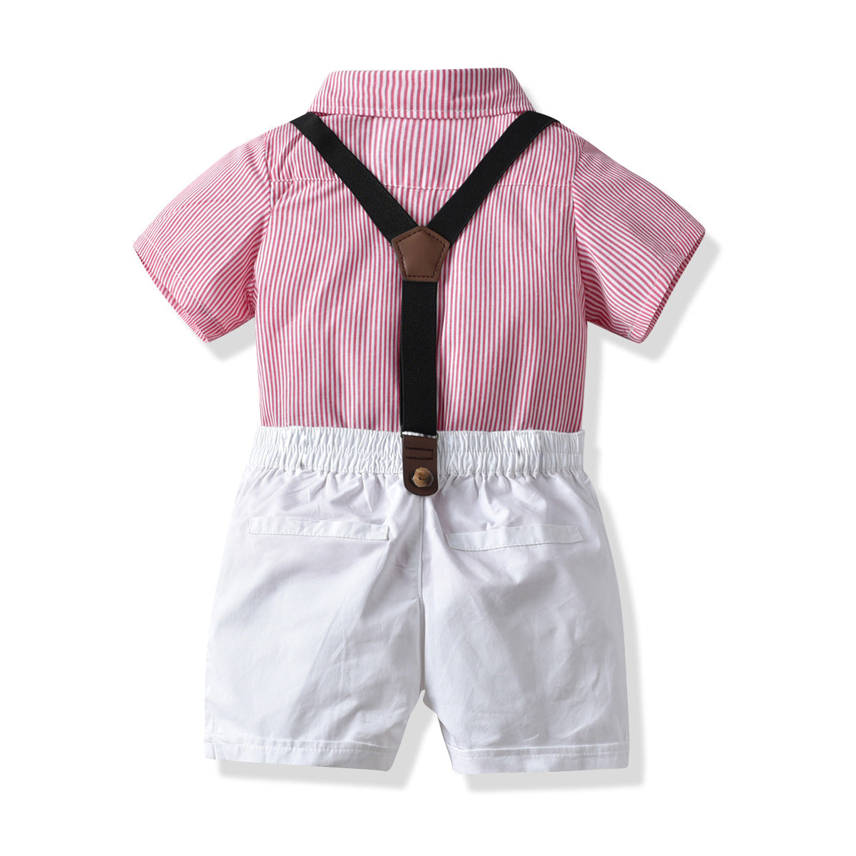 Boys Pink Striped Shirt with Shorts And Suspenders