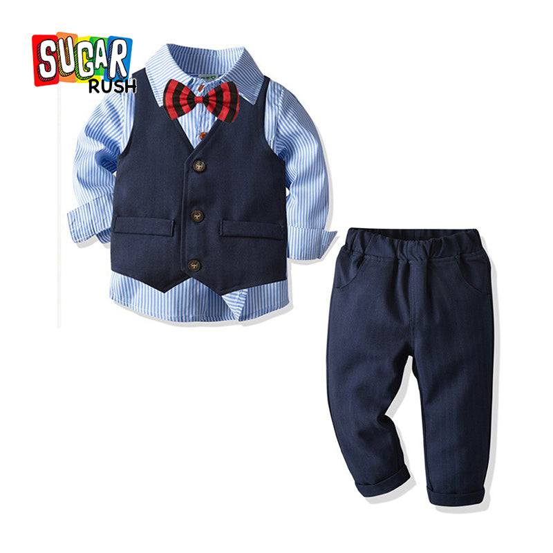 Boys Blue Striped Set Of 3 Suit Set