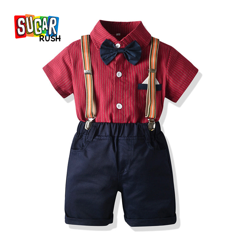 Boys Red & Navy Blue Striped Shirt With Shorts & Suspenders