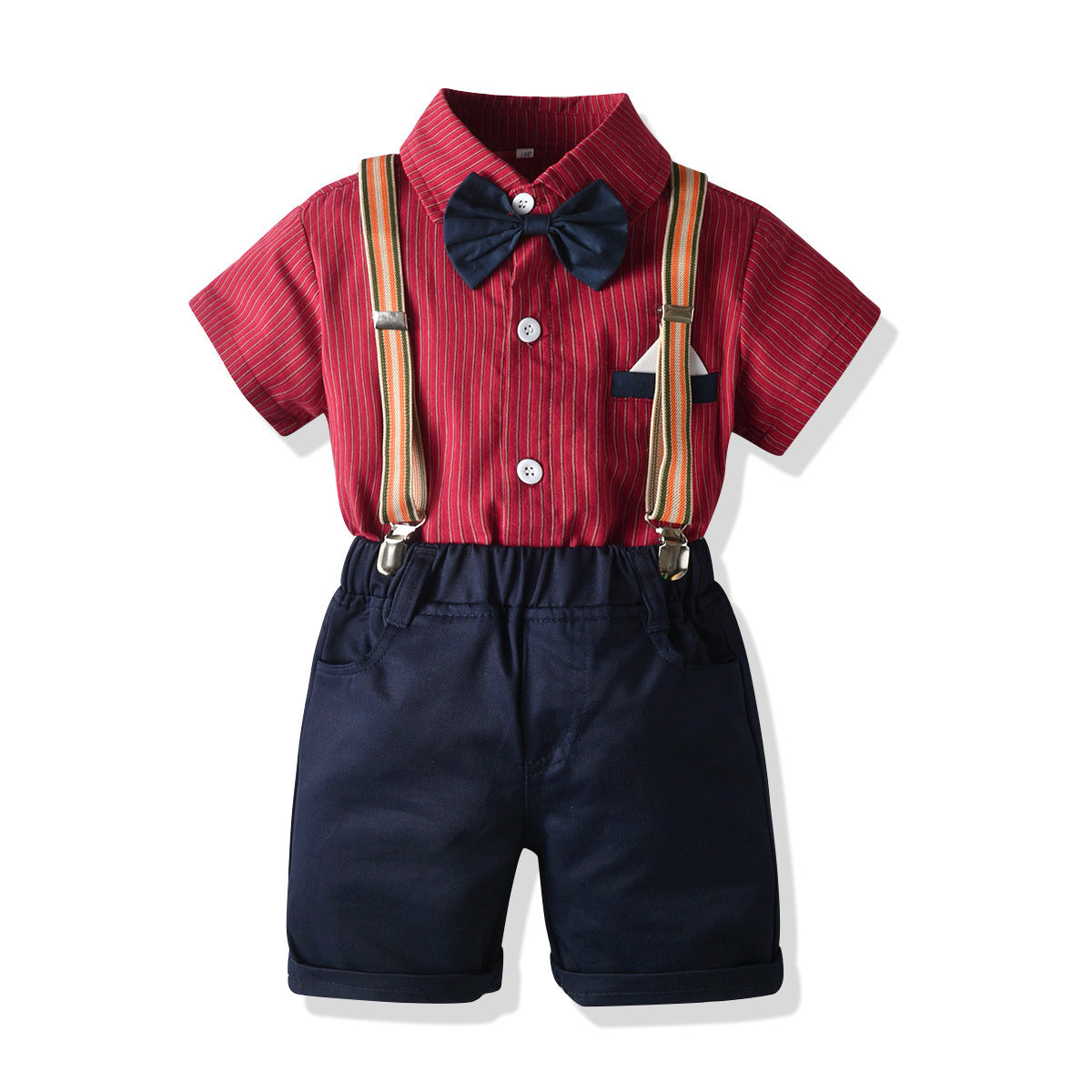 Boys Red & Navy Blue Striped Shirt With Shorts & Suspenders