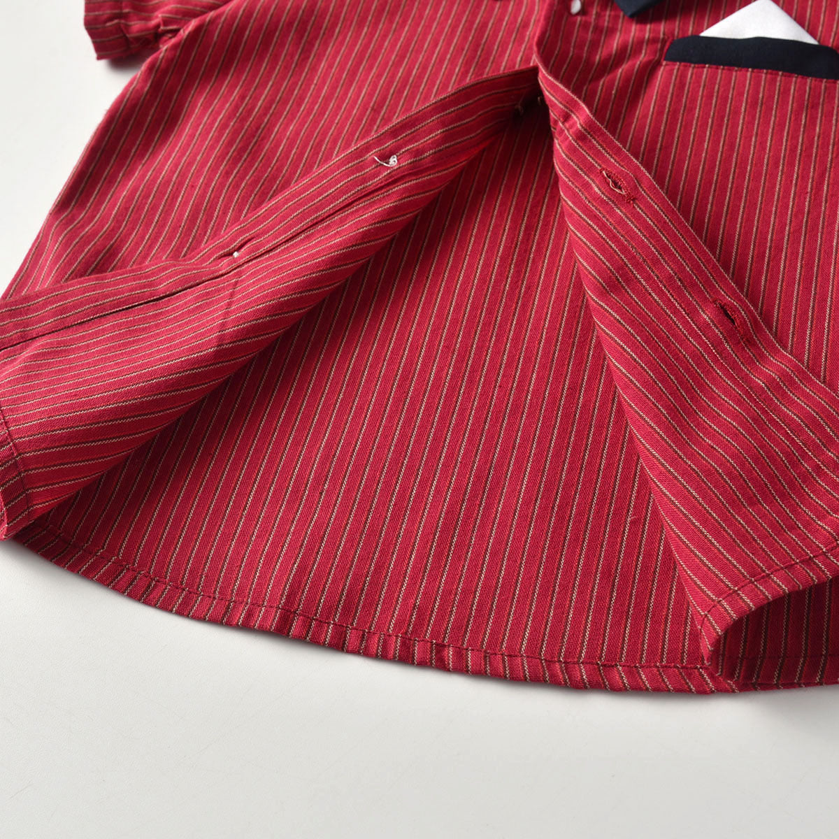 Boys Red & Navy Blue Striped Shirt With Shorts & Suspenders