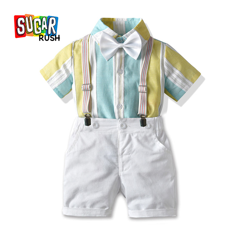 Boys Blue & White Striped Shirt With Shorts &  Suspenders