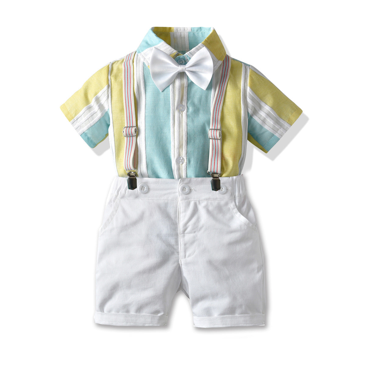 Boys Blue & White Striped Shirt With Shorts &  Suspenders