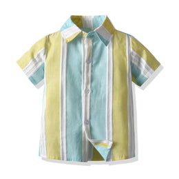 Boys Blue & White Striped Shirt With Shorts &  Suspenders