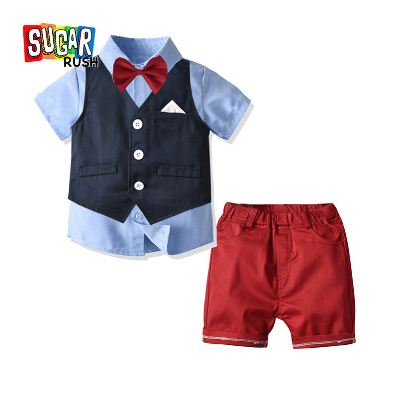 Boys Blue & Red Shirt with Shorts & Waistcoat