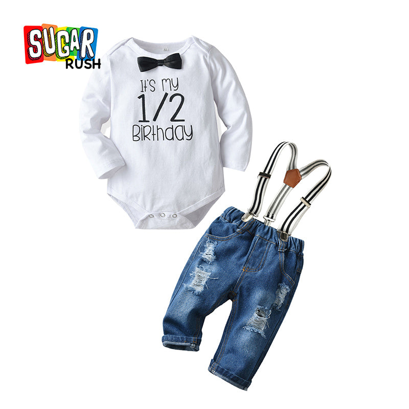 Infants Boys White Typography Printed Bodysuit with Jeans
