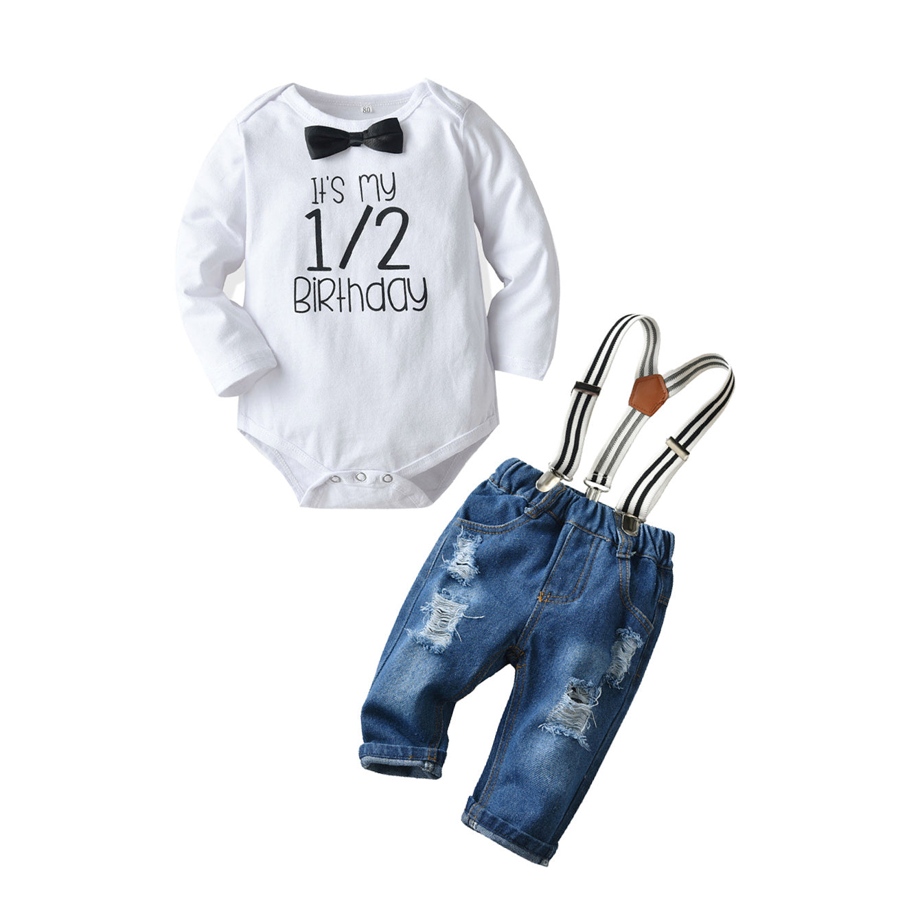 Infants Boys White Typography Printed Bodysuit with Jeans