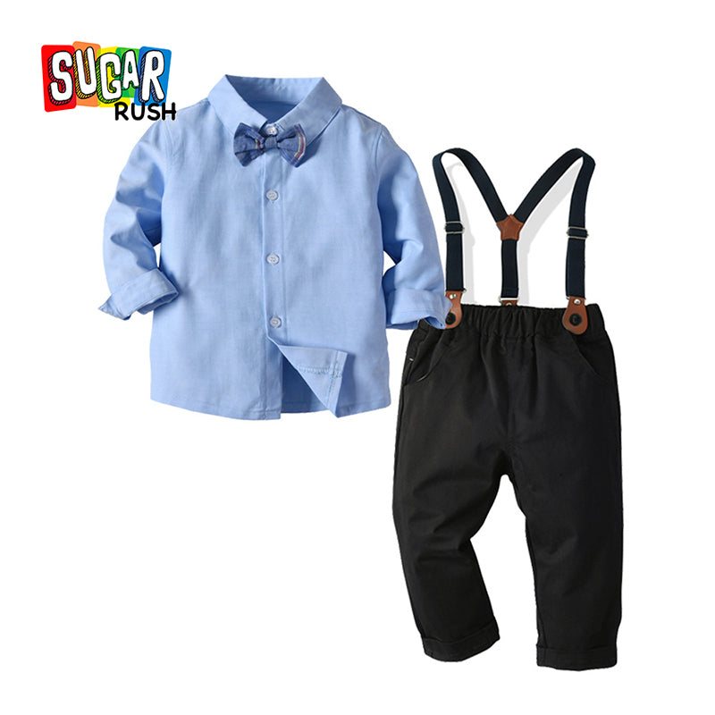 Boys Blue Shirt Collar Long Sleeve Shirt With Trouser & Suspender