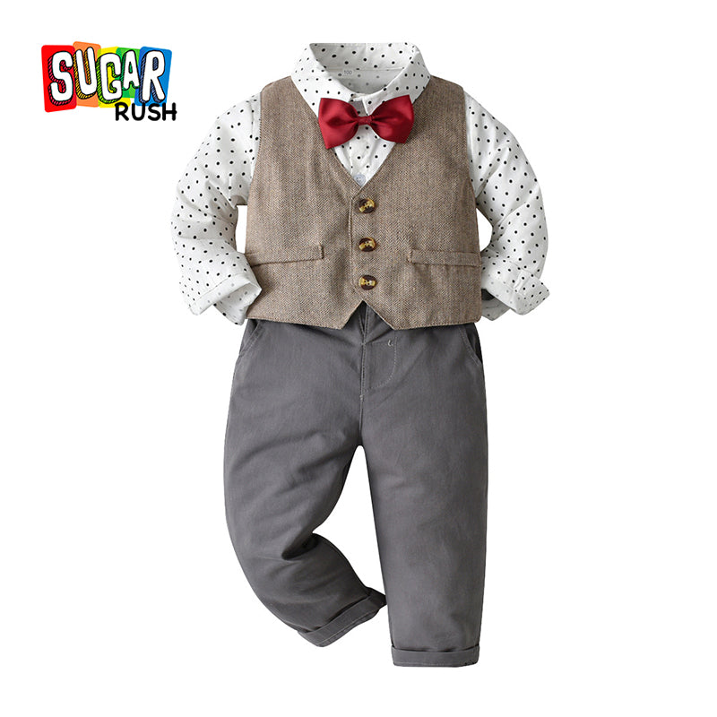 Boys Khaki V-Neck Single Breasted 3 Piece Suit