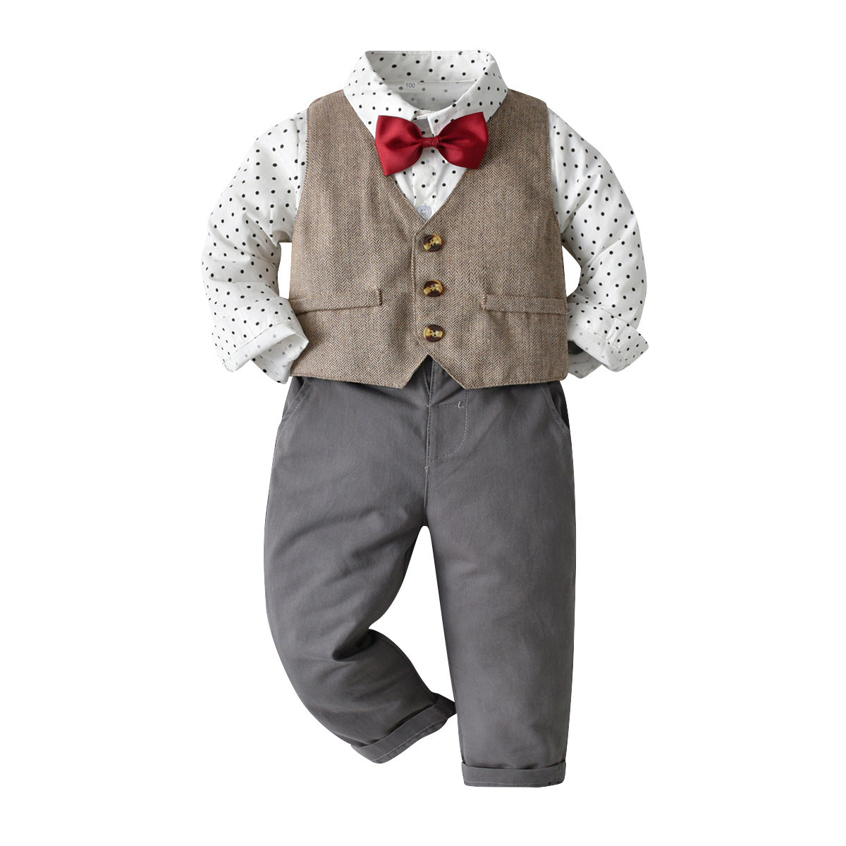 Boys Khaki V-Neck Single Breasted 3 Piece Suit
