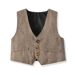 Boys Khaki V-Neck Single Breasted 3 Piece Suit