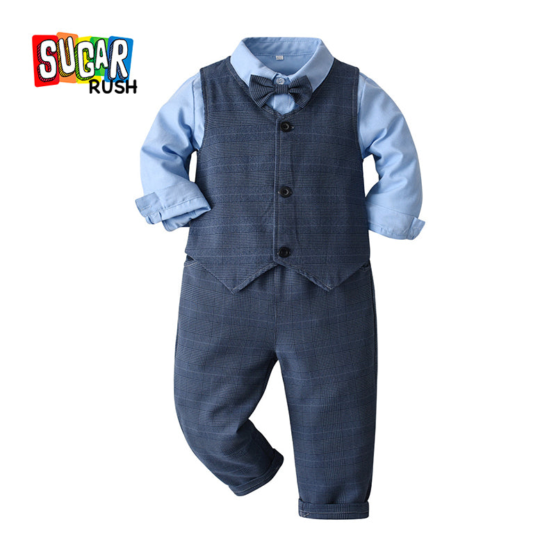 Boys Blue Checked Set Of 3 Suit Set