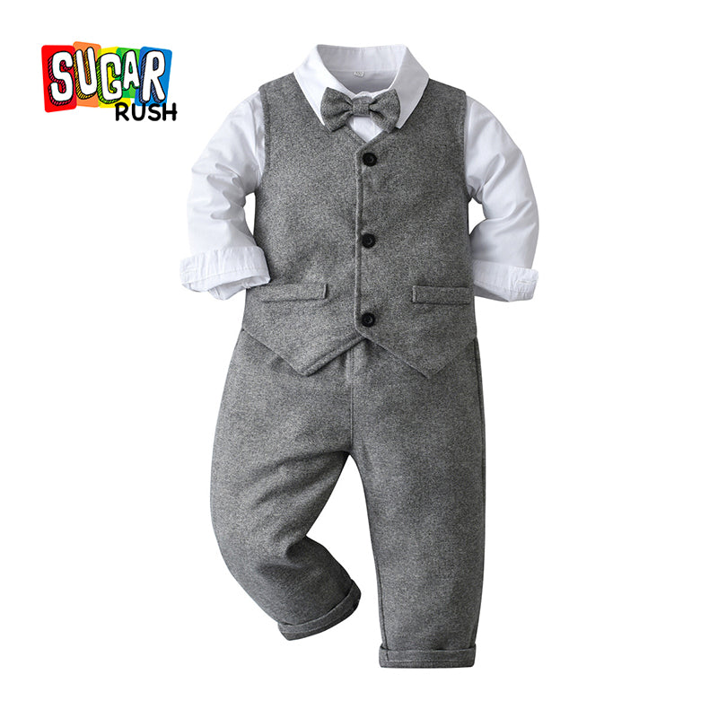 Boys Grey V-Neck Single Breasted 3 Piece Suit