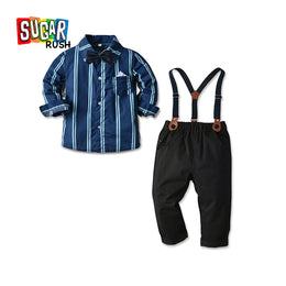 Boys Blue Striped Shirt Collar Shirt & Trouser With Suspenders
