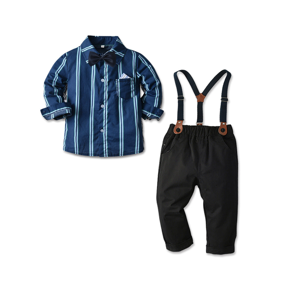 Boys Blue Striped Shirt Collar Shirt & Trouser With Suspenders