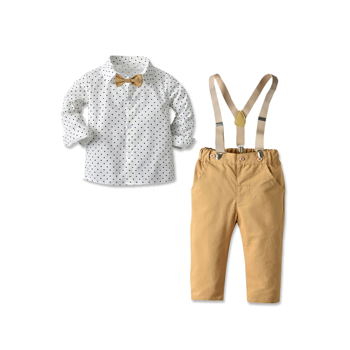 Boys White Printed Shirt with Trousers And Suspenders & Bow