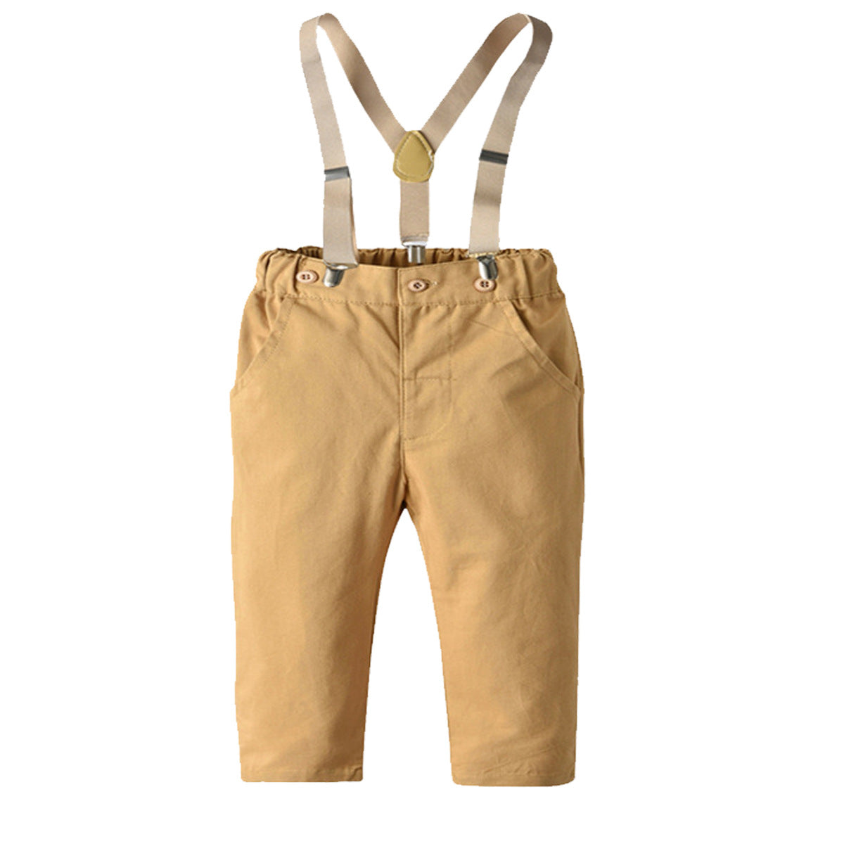 Boys White Printed Shirt with Trousers And Suspenders & Bow