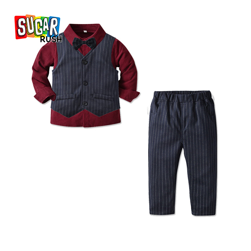 Boys Maroon Shirt with Trousers And Striped Waistcoat