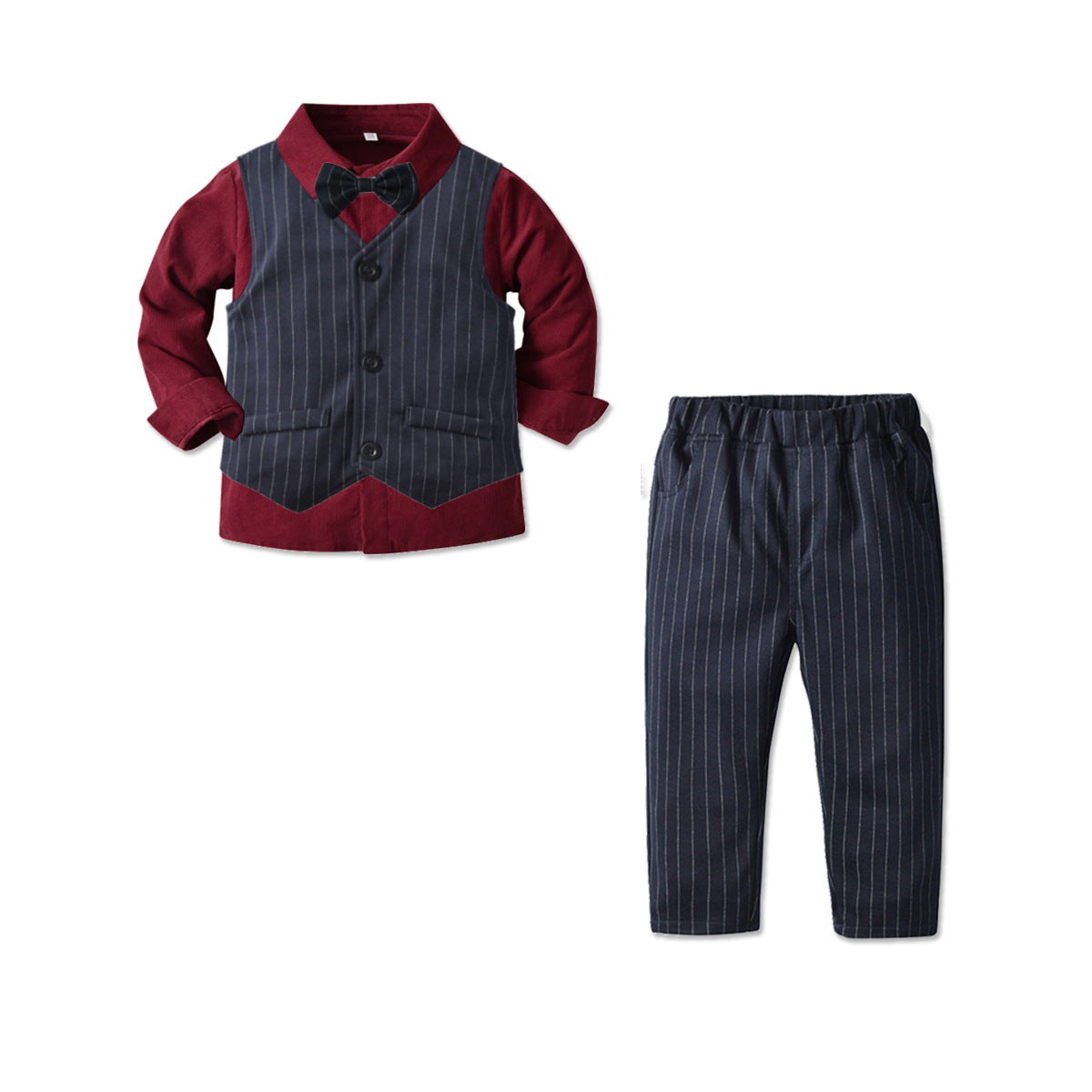 Boys Maroon Shirt with Trousers And Striped Waistcoat