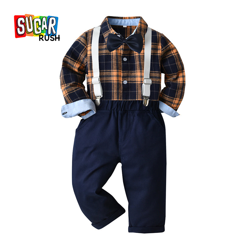 Boys Yellow Checked Shirt with Trousers & Suspenders