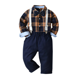 Boys Yellow Checked Shirt with Trousers & Suspenders