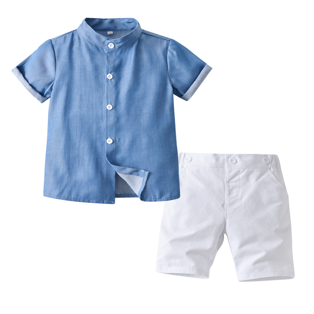 Boys Blue & White Mandarin Collar Shirt with Shorts