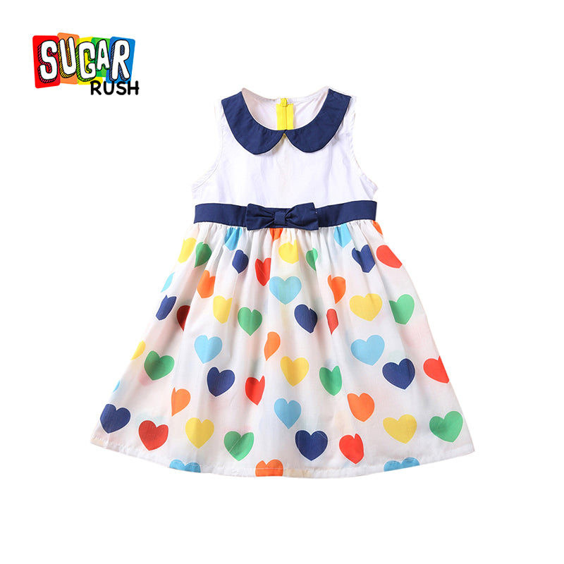 Girls White Conversational Printed Peter Pan Collar Cotton Fit & Flare Dress