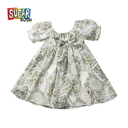Girls Green Cotton Floral Print Puff Sleeve Ruffled Bohemian Fit and Flare Dress