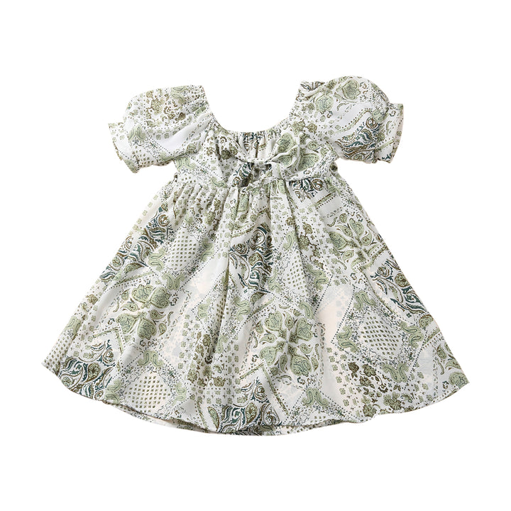 Girls Green Cotton Floral Print Puff Sleeve Ruffled Bohemian Fit and Flare Dress