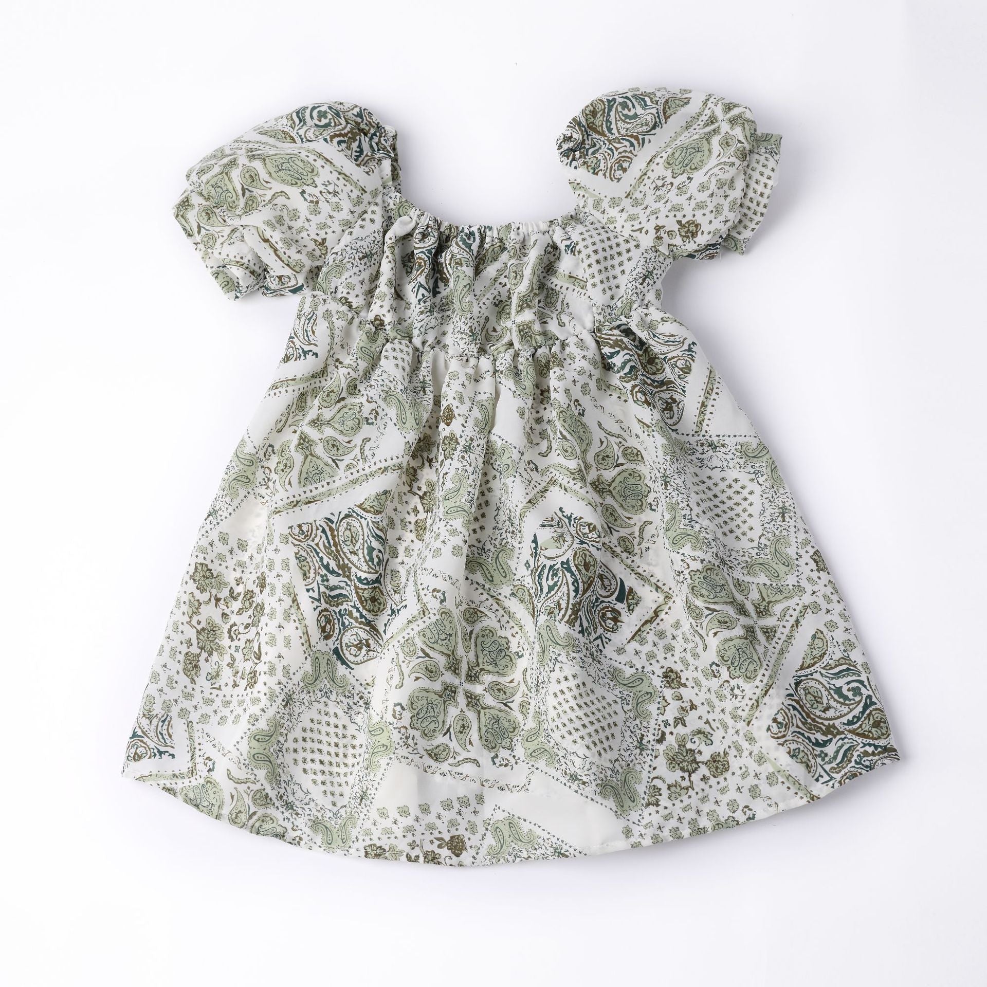 Girls Green Cotton Floral Print Puff Sleeve Ruffled Bohemian Fit and Flare Dress