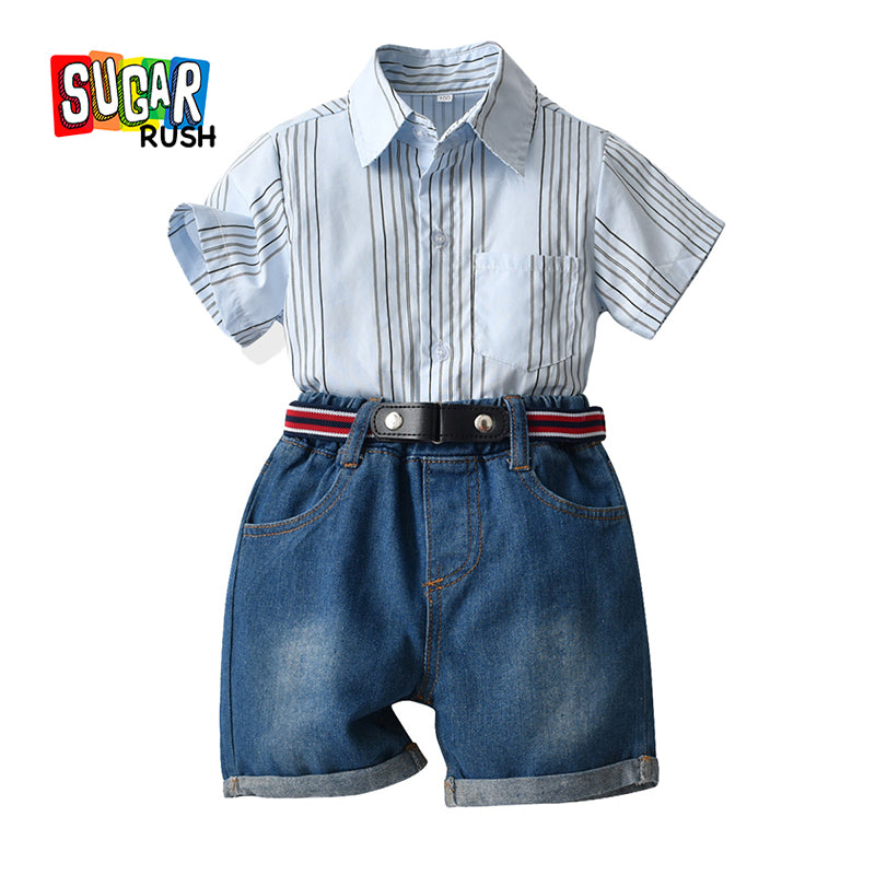 Boys Blue Striped Shirt Collar Shirt With Shorts