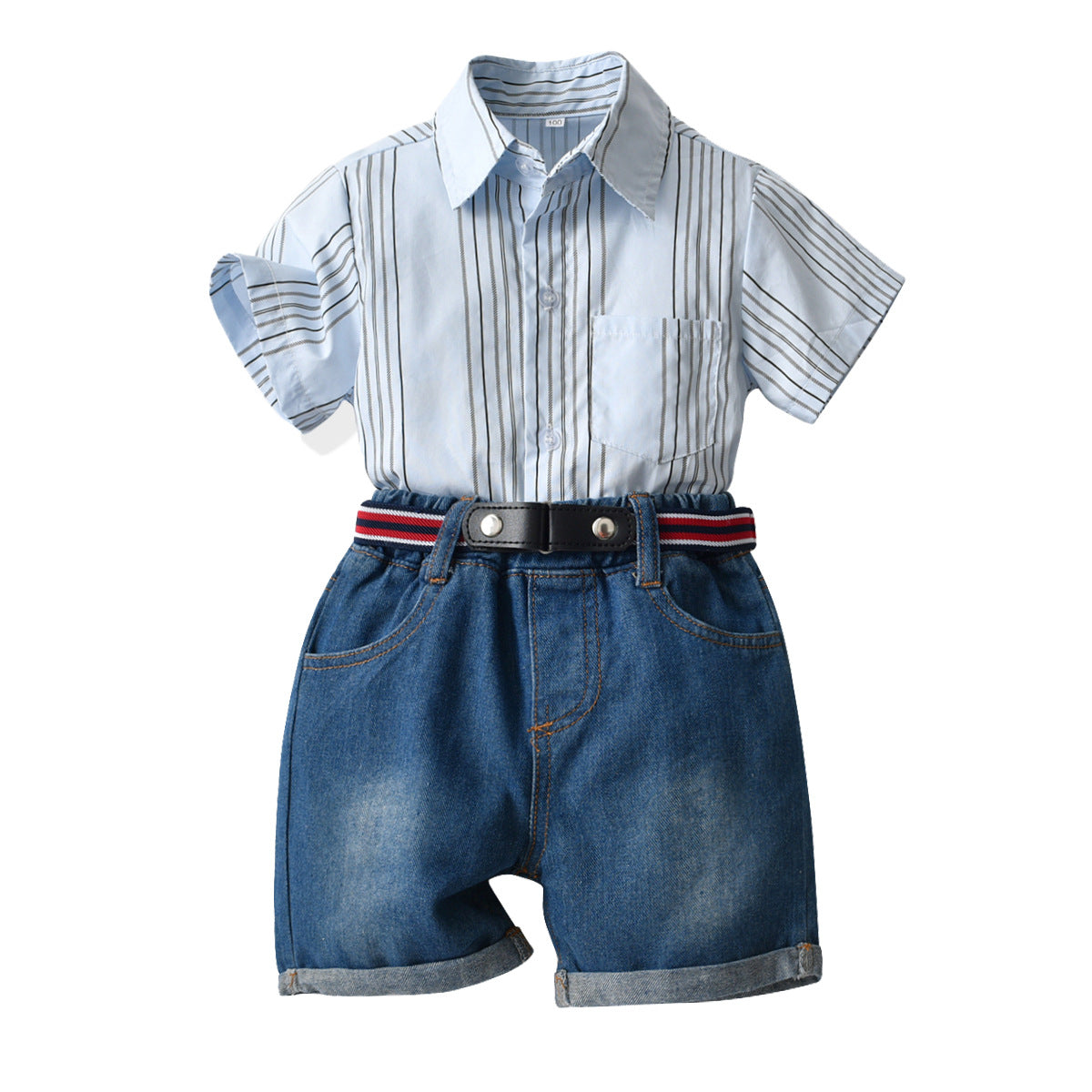 Boys Blue Striped Shirt Collar Shirt With Shorts