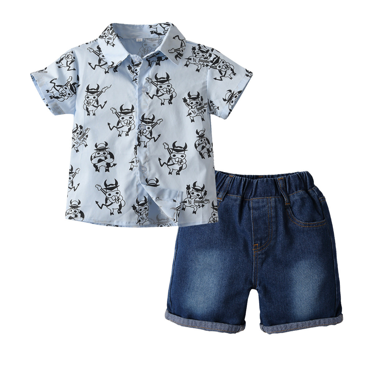 Boys Blue Conversational Printed Pure Cotton Shirt with Shorts
