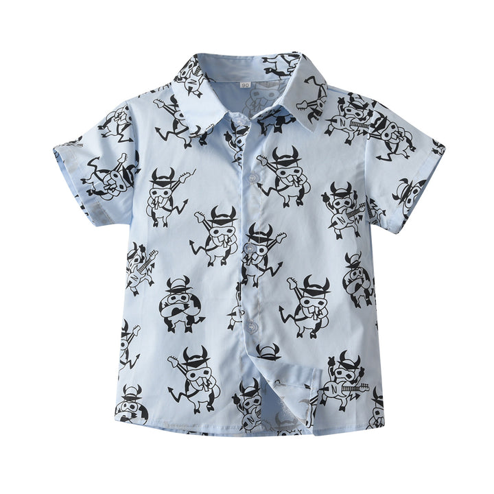 Boys Blue Conversational Printed Pure Cotton Shirt with Shorts