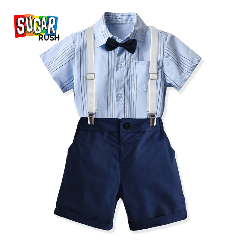 Boys Blue Striped Shirt Collar Shirt & Shorts With Suspenders