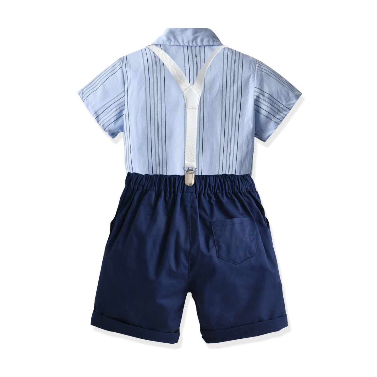 Boys Blue Striped Shirt Collar Shirt & Shorts With Suspenders